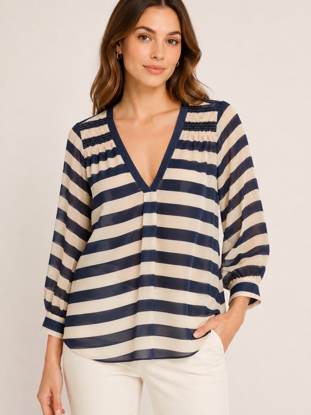 Joie 100% Silk Navy Cream Striped V-Neck Blouse